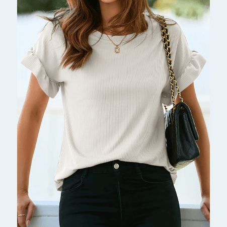 Laurina White Ribbed Ruffled Short Sleeve T Shirt