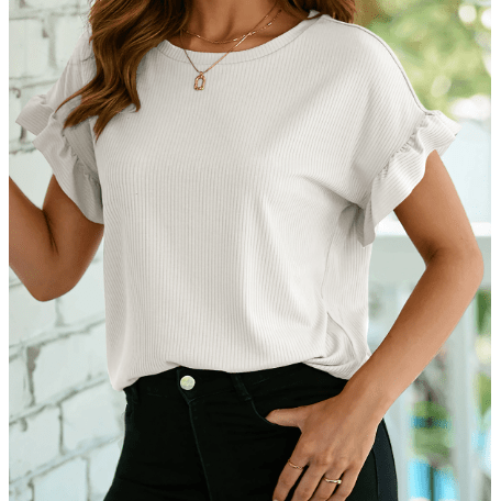 Laurina White Ribbed Ruffled Short Sleeve T Shirt