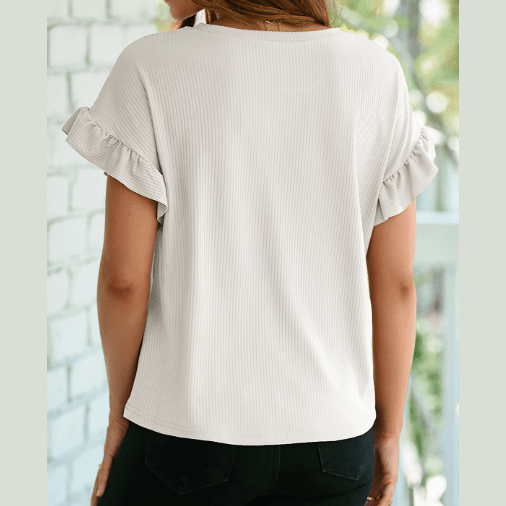 Laurina White Ribbed Ruffled Short Sleeve T Shirt