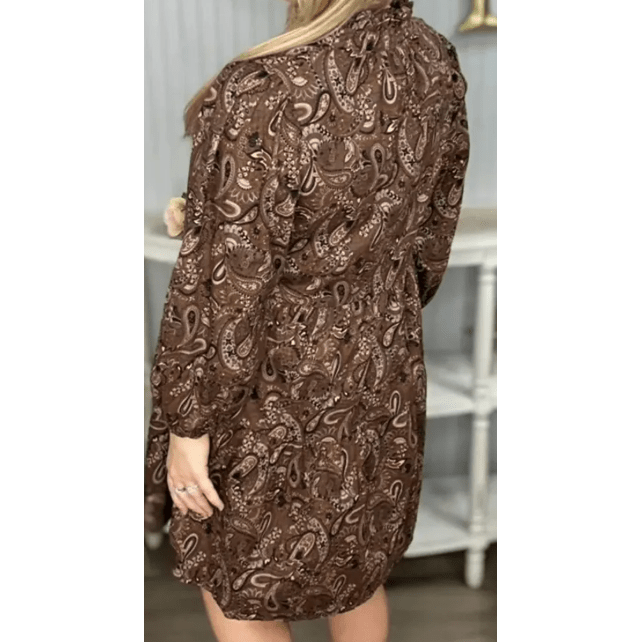 Shandra Brown Paisley Print Half Buttons Puff Sleeve Flowy Short Dress