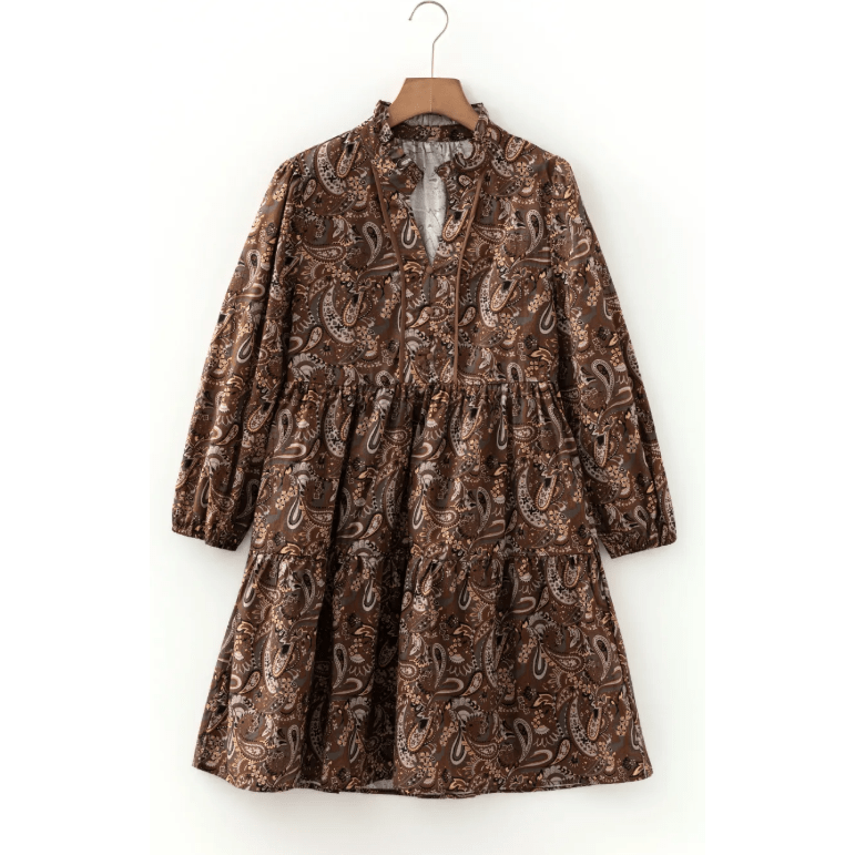 Shandra Brown Paisley Print Half Buttons Puff Sleeve Flowy Short Dress