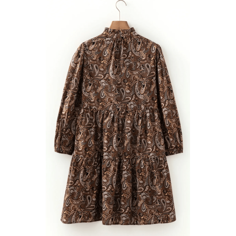 Shandra Brown Paisley Print Half Buttons Puff Sleeve Flowy Short Dress