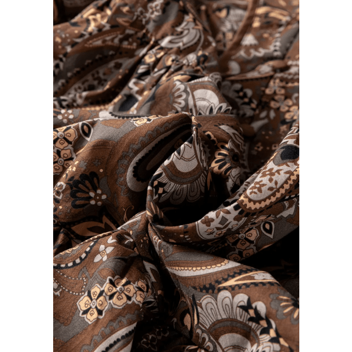 Shandra Brown Paisley Print Half Buttons Puff Sleeve Flowy Short Dress