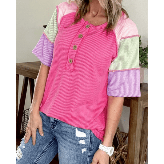 Devlyn Bright Pink Twisted Ribbed Color Block Patchwork Henley Short Sleeve T Shirt