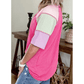 Devlyn Bright Pink Twisted Ribbed Color Block Patchwork Henley Short Sleeve T Shirt