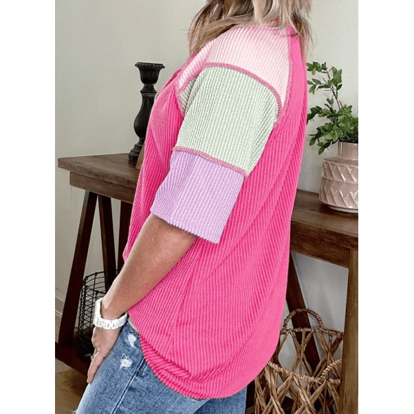 Devlyn Bright Pink Twisted Ribbed Color Block Patchwork Henley Short Sleeve T Shirt