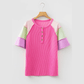 Devlyn Bright Pink Twisted Ribbed Color Block Patchwork Henley Short Sleeve T Shirt