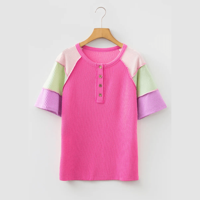 Devlyn Bright Pink Twisted Ribbed Color Block Patchwork Henley Short Sleeve T Shirt