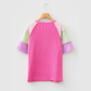 Devlyn Bright Pink Twisted Ribbed Color Block Patchwork Henley Short Sleeve T Shirt