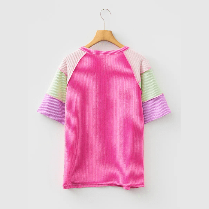 Devlyn Bright Pink Twisted Ribbed Color Block Patchwork Henley Short Sleeve T Shirt