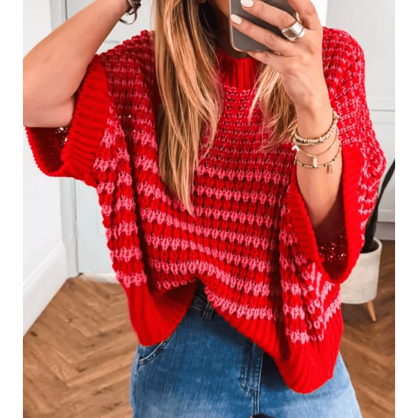 Lisabella Red Stripe 3/4 Draped Sleeve Slouchy Sweater