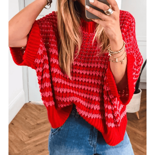 Lisabella Red Stripe 3/4 Draped Sleeve Slouchy Sweater