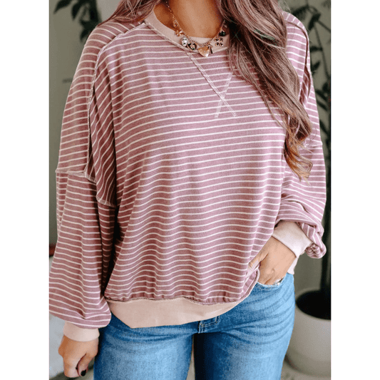 Aubree Pink Stripe Exposed Stitching Patchwork Casual Long Sleeve Top