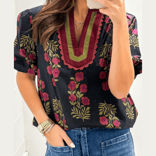 Miree Black Floral Short Bubble Sleeve Contrast Slit Neckline Blouse
