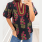 Miree Black Floral Short Bubble Sleeve Contrast Slit Neckline Blouse