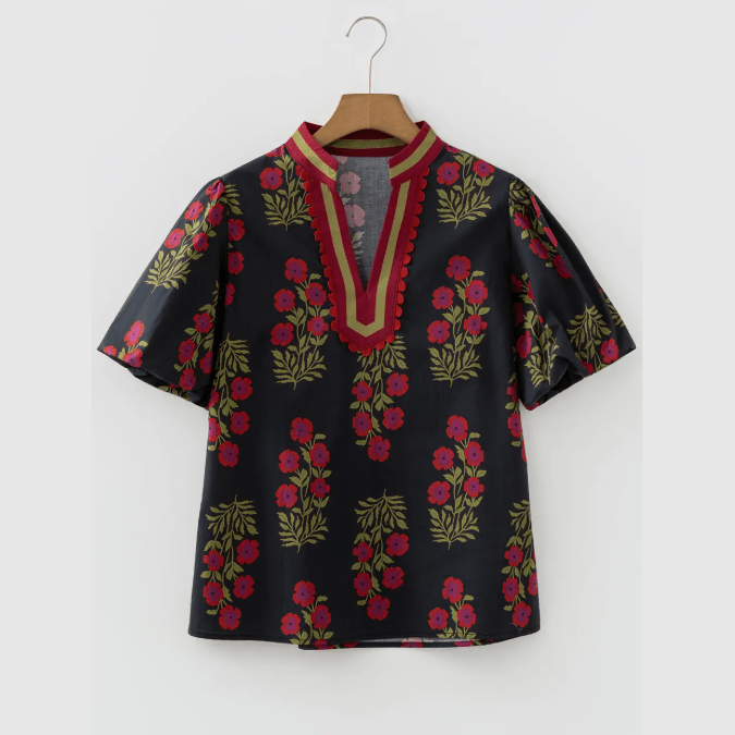 Miree Black Floral Short Bubble Sleeve Contrast Slit Neckline Blouse