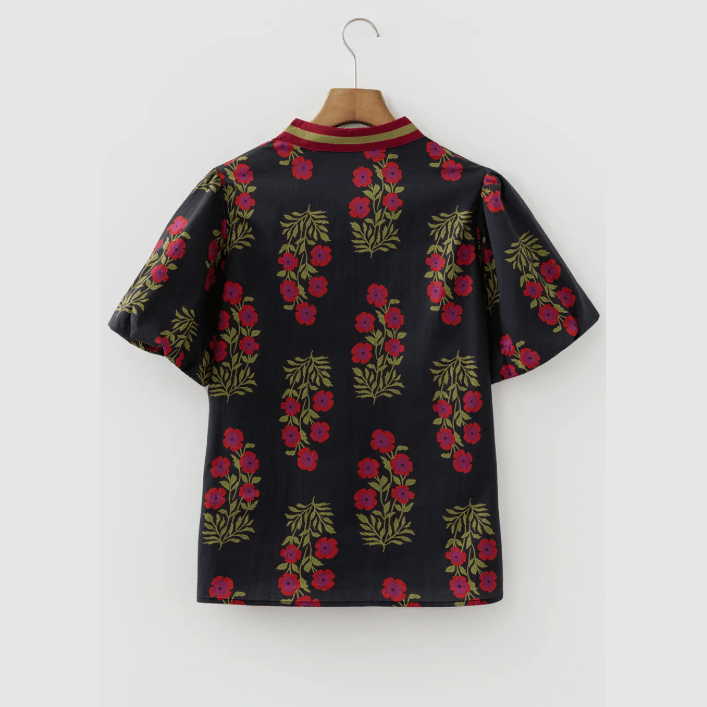 Miree Black Floral Short Bubble Sleeve Contrast Slit Neckline Blouse