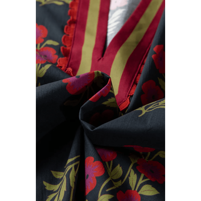 Miree Black Floral Short Bubble Sleeve Contrast Slit Neckline Blouse