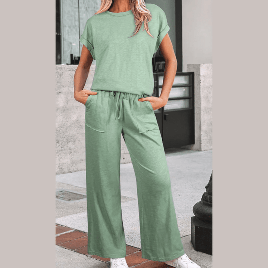 Lynette Cuffed Short Sleeve Tee Raw Seam Patch Pocket Drawstring Pants Set