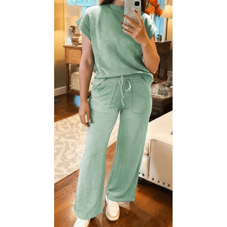 Lynette Cuffed Short Sleeve Tee Raw Seam Patch Pocket Drawstring Pants Set