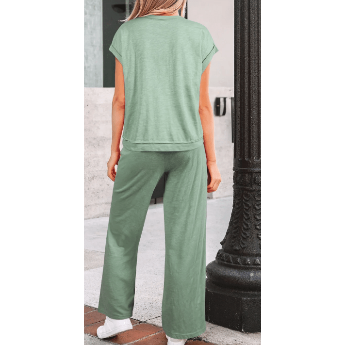 Lynette Cuffed Short Sleeve Tee Raw Seam Patch Pocket Drawstring Pants Set