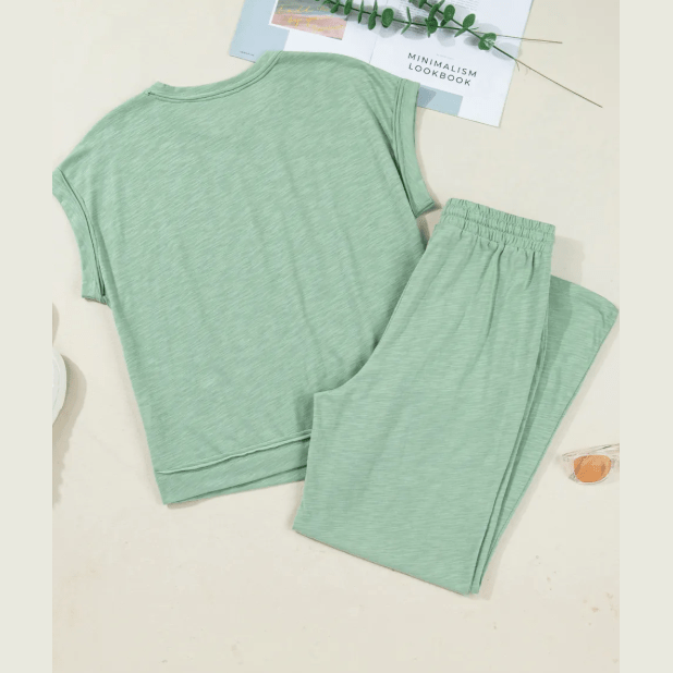 Lynette Cuffed Short Sleeve Tee Raw Seam Patch Pocket Drawstring Pants Set