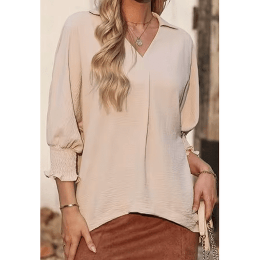 Kaya Apricot 3/4 Sleeve Smocked Cuff V-Neck Blouse