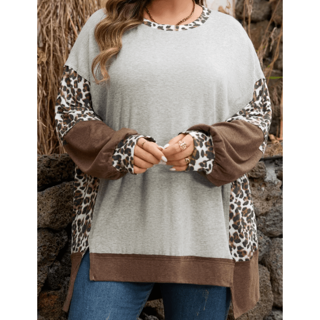 Jeneen Plus Size Leopard Color Block Patchwork Dolman Sweatshirt