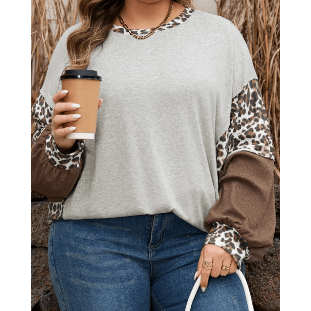 Jeneen Plus Size Leopard Color Block Patchwork Dolman Sweatshirt
