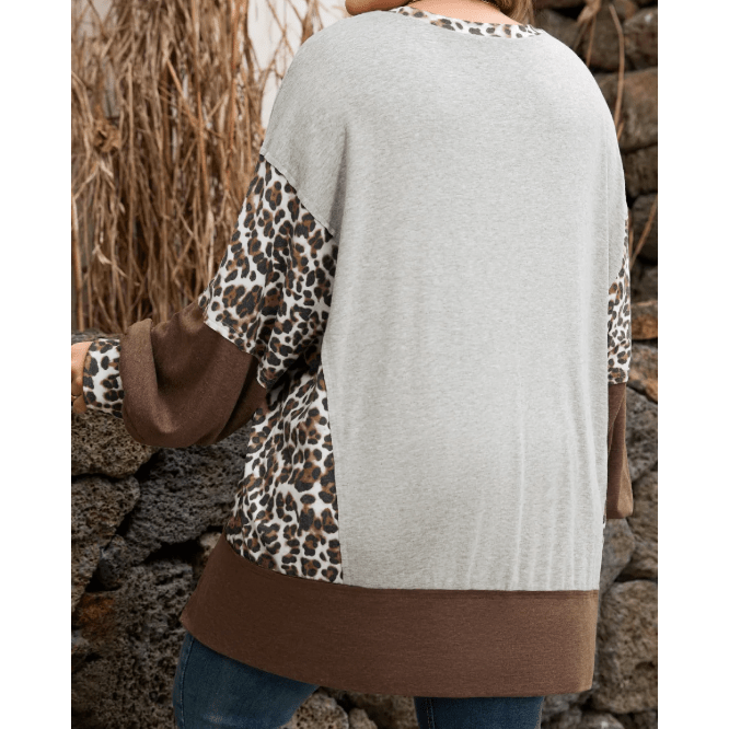 Jeneen Plus Size Leopard Color Block Patchwork Dolman Sweatshirt