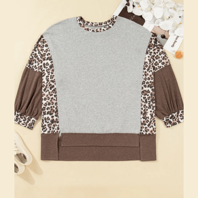 Jeneen Plus Size Leopard Color Block Patchwork Dolman Sweatshirt