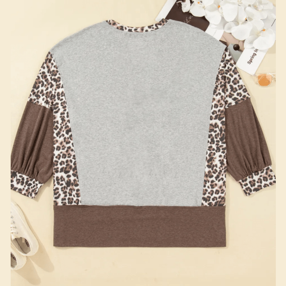 Jeneen Plus Size Leopard Color Block Patchwork Dolman Sweatshirt
