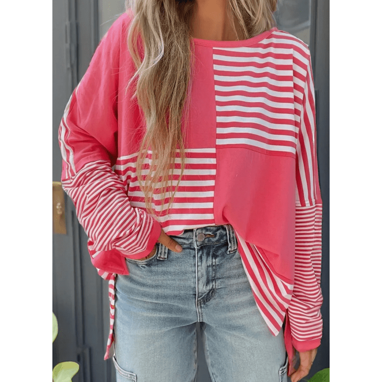 Laurel Pink Stripe Color Block Patchwork Drop Shoulder Long Sleeve Tunic Top