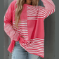 Laurel Pink Stripe Color Block Patchwork Drop Shoulder Long Sleeve Tunic Top
