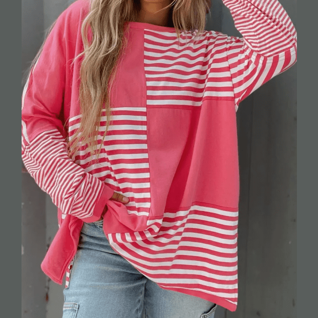 Laurel Pink Stripe Color Block Patchwork Drop Shoulder Long Sleeve Tunic Top