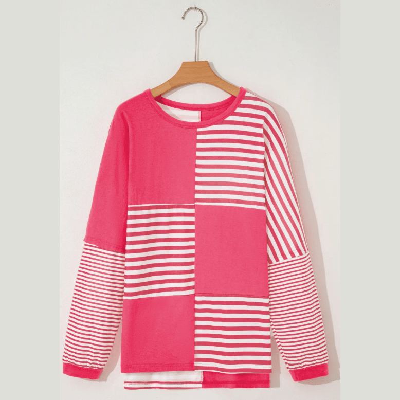 Laurel Pink Stripe Color Block Patchwork Drop Shoulder Long Sleeve Tunic Top