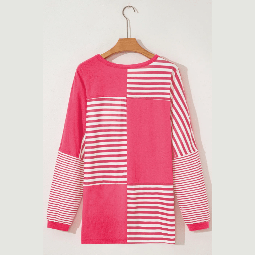 Laurel Pink Stripe Color Block Patchwork Drop Shoulder Long Sleeve Tunic Top