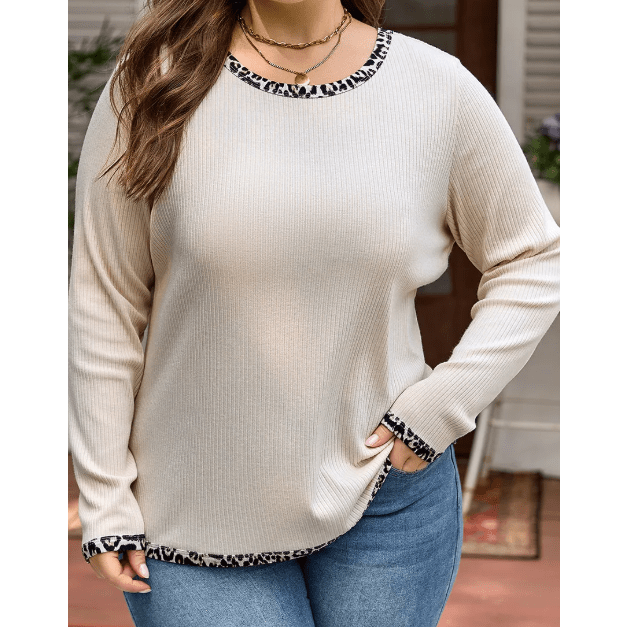 Brigetta Parchment Ribbed Contrast Leopard Edge Round Neck Plus Knit Top