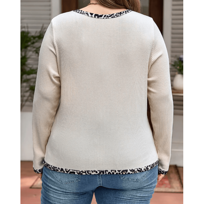 Brigetta Parchment Ribbed Contrast Leopard Edge Round Neck Plus Knit Top