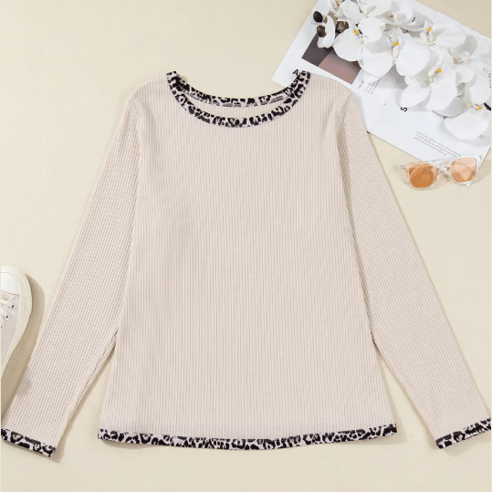 Brigetta Parchment Ribbed Contrast Leopard Edge Round Neck Plus Knit Top