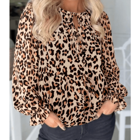 RTS Khaki Leopard Print Tie Front Long Puff Sleeve Blouse