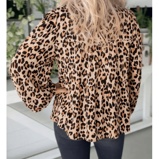 RTS Khaki Leopard Print Tie Front Long Puff Sleeve Blouse