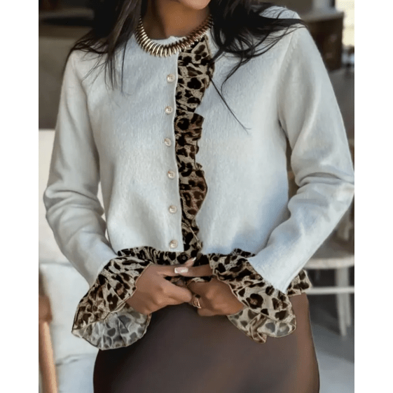 RTS Knitted Leopard Ruffle Patchwork Button Down Cropped Cardigan