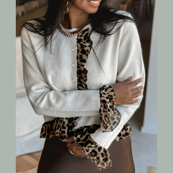 RTS Knitted Leopard Ruffle Patchwork Button Down Cropped Cardigan