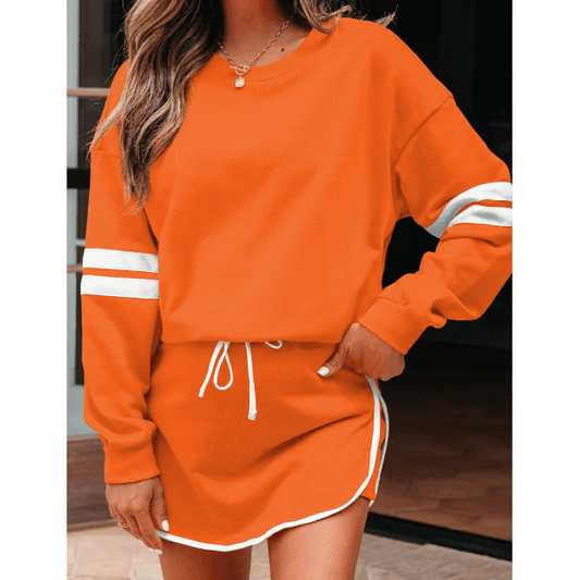Lissa Orange Varsity Stripe Detail Drop Shoulder Pullover Mini Skort Set