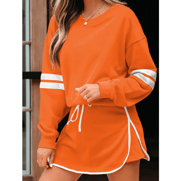 Lissa Orange Varsity Stripe Detail Drop Shoulder Pullover Mini Skort Set