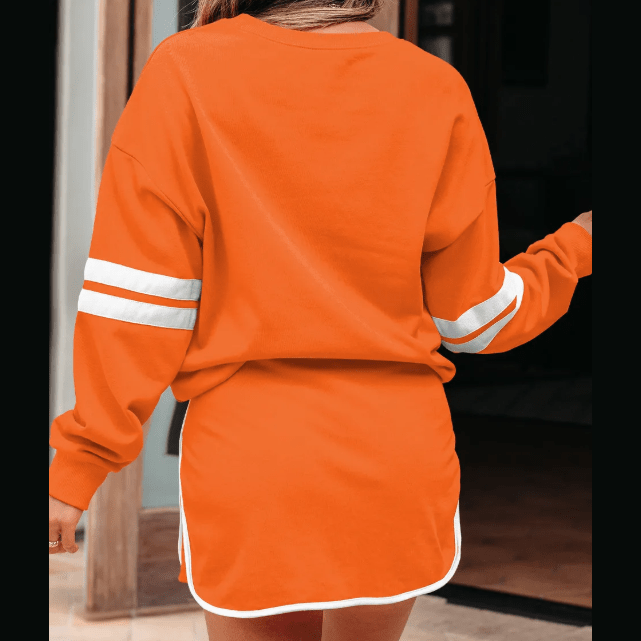 Lissa Orange Varsity Stripe Detail Drop Shoulder Pullover Mini Skort Set