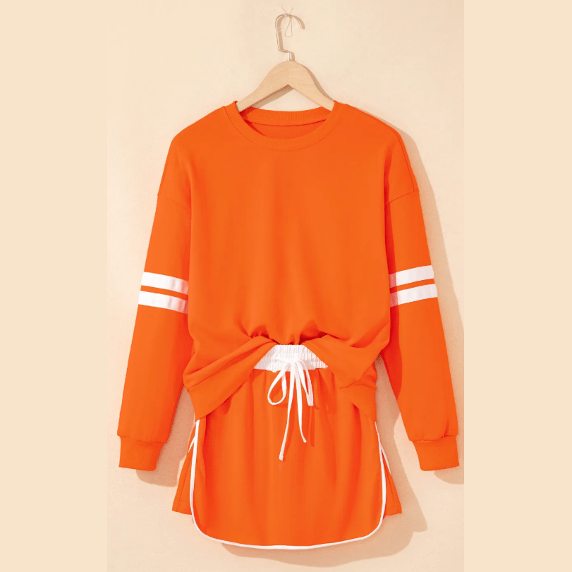 Lissa Orange Varsity Stripe Detail Drop Shoulder Pullover Mini Skort Set