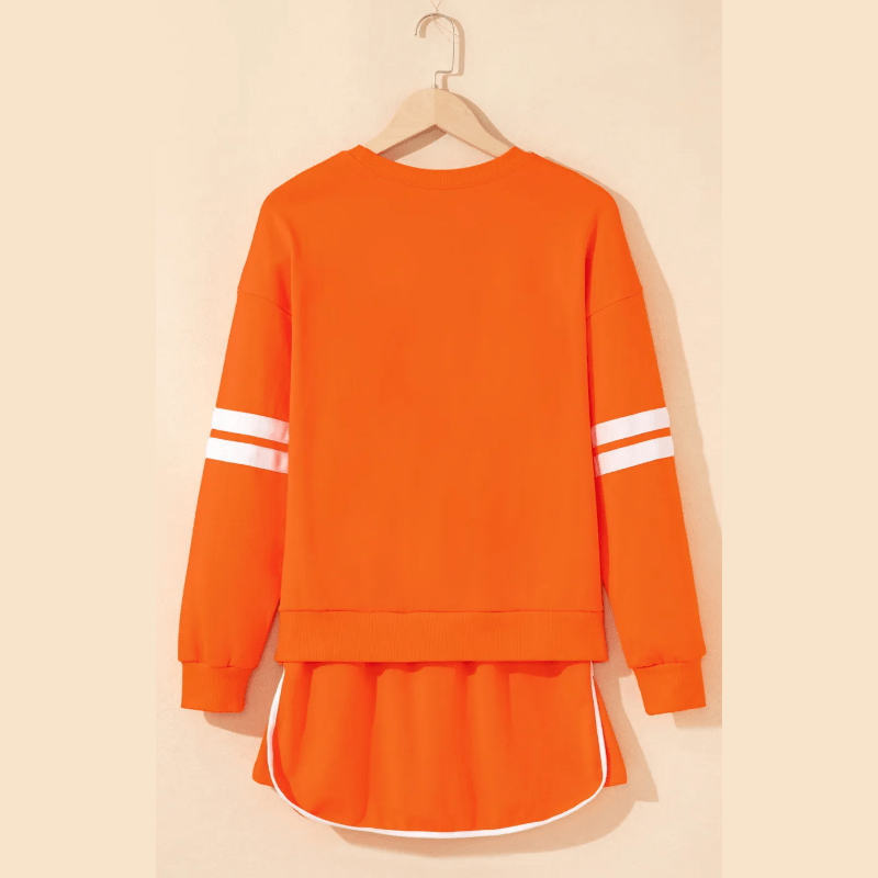 Lissa Orange Varsity Stripe Detail Drop Shoulder Pullover Mini Skort Set