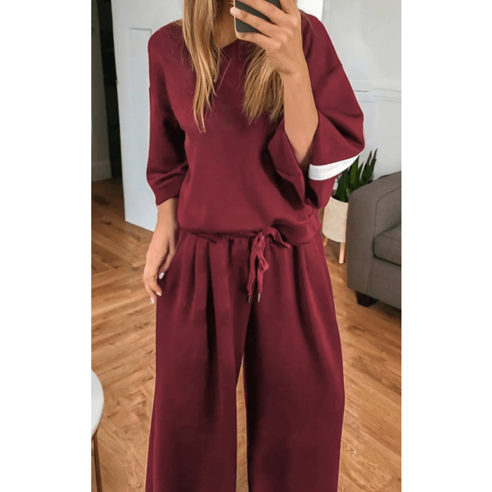 Varsity Striped 3/4 Sleeve Pullover Drawstring Sweatpants Set